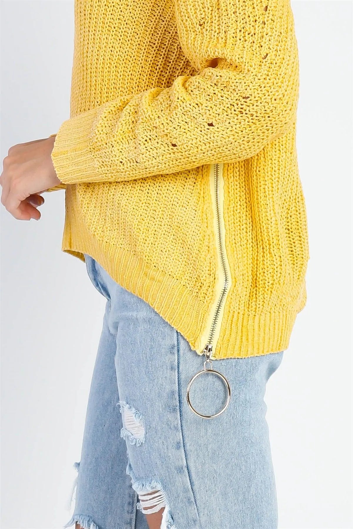 Yellow Knit Zip-Down Detail Long Sleeve Top - Tasha Apparel Wholesale
