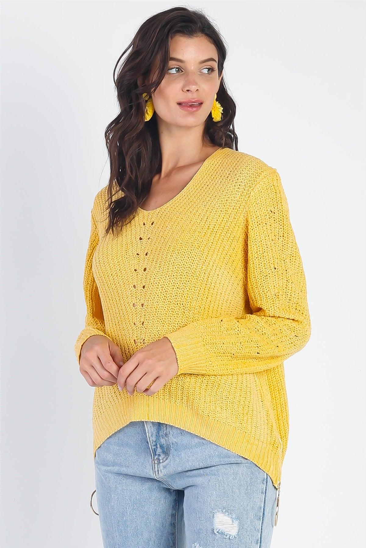 Yellow Knit Zip-Down Detail Long Sleeve Sweater /4-2