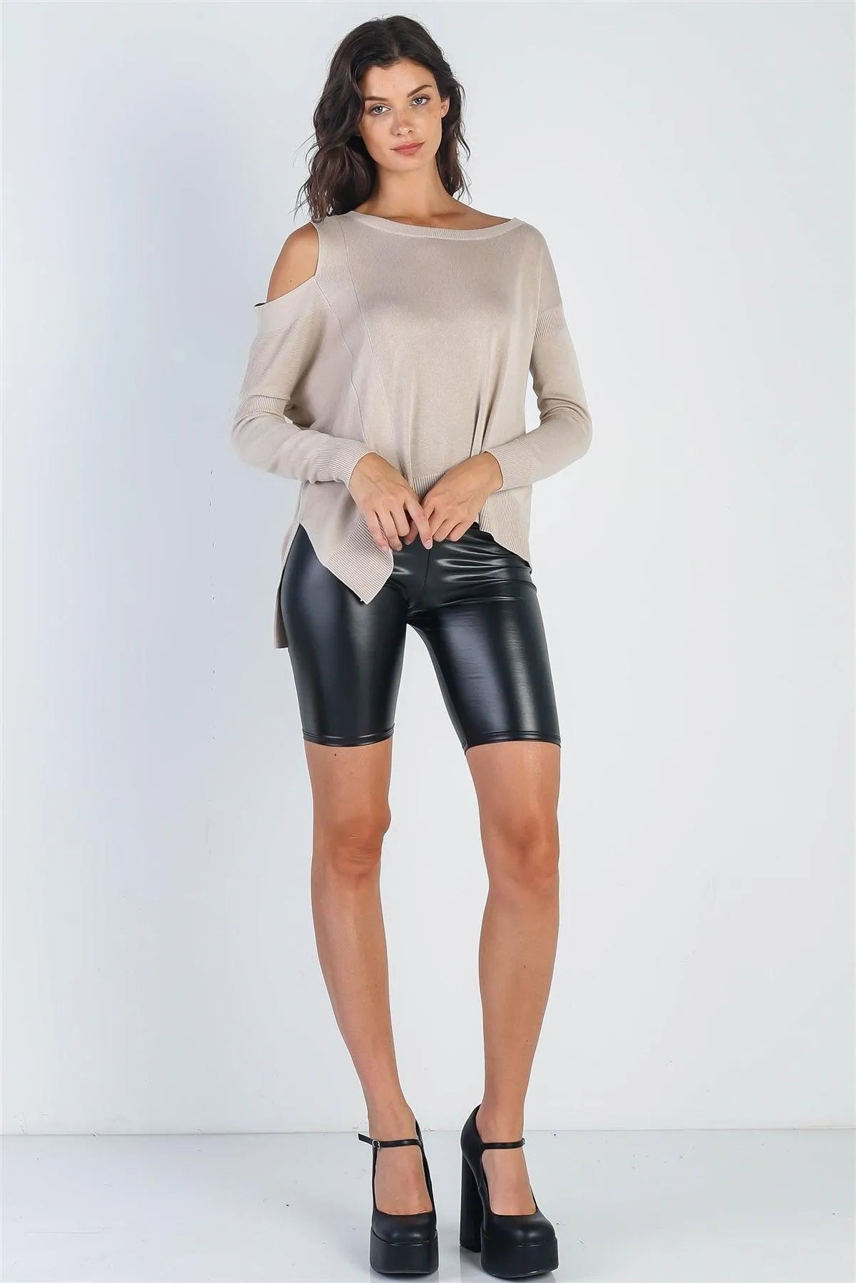 Beige Knit Cold Shoulder Long Sleeve Top /2-2-1 - Tasha Apparel Wholesale