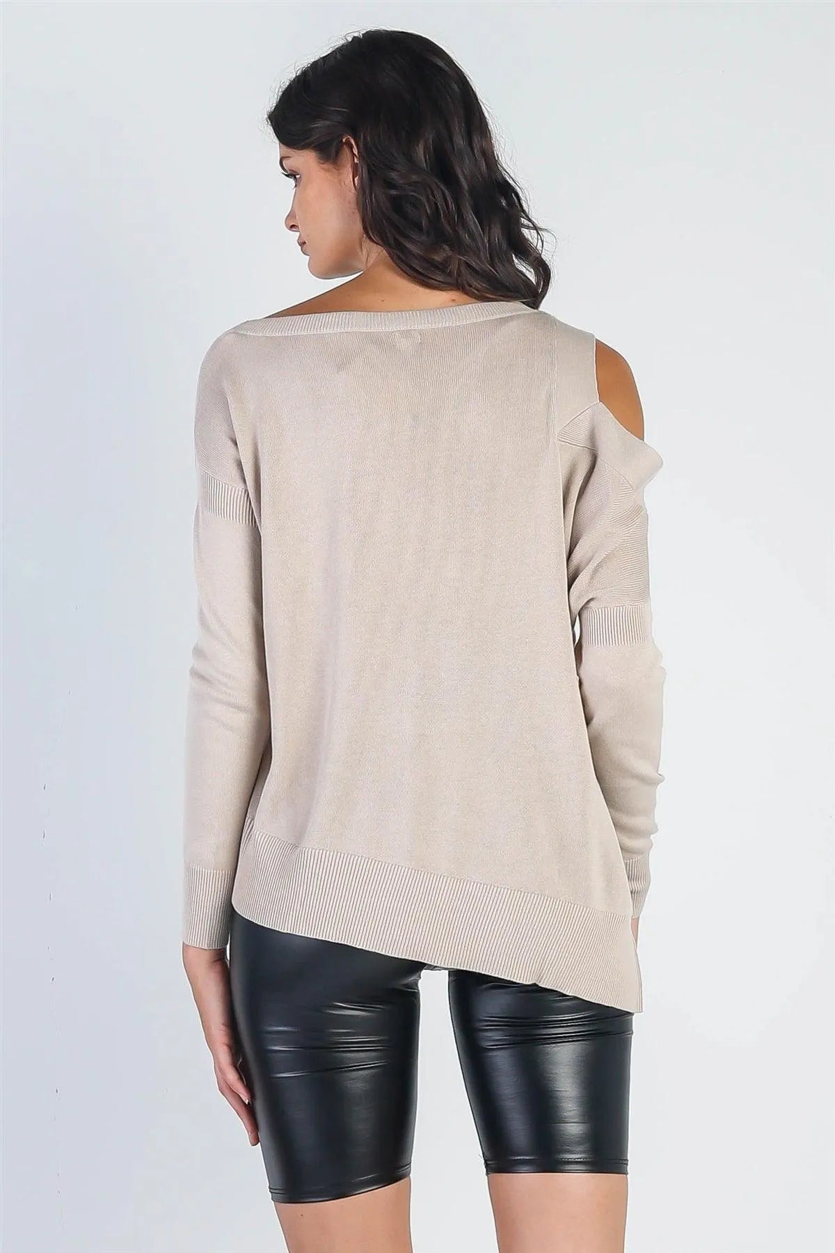 Beige Knit Cold Shoulder Long Sleeve Top /2-2-1 - Tasha Apparel Wholesale