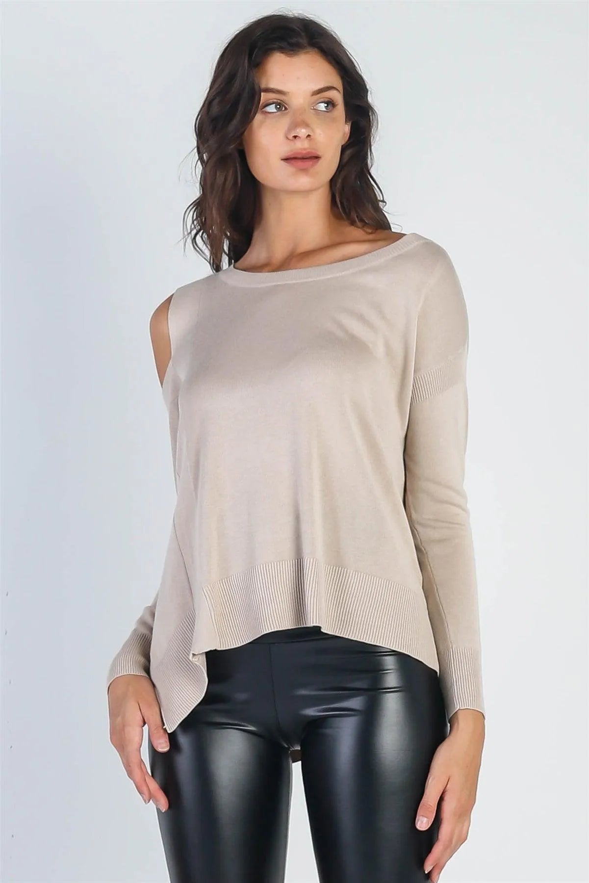 Beige Knit Cold Shoulder Long Sleeve Top /2-2-1 - Tasha Apparel Wholesale