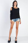 Black Knit Cold Shoulder Long Sleeve Sweaters /3-1