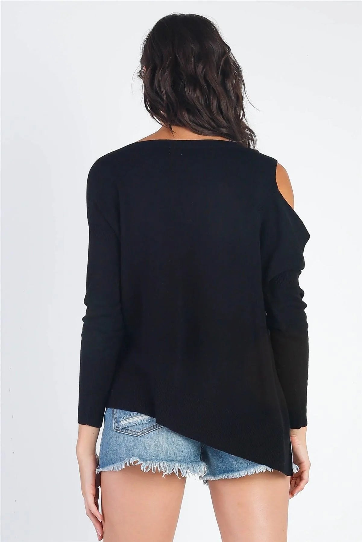 Black Knit Cold Shoulder Long Sleeve Top /3-1 - Tasha Apparel Wholesale