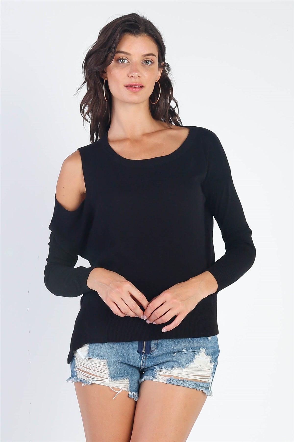 Black Knit Cold Shoulder Long Sleeve Sweaters /3-1