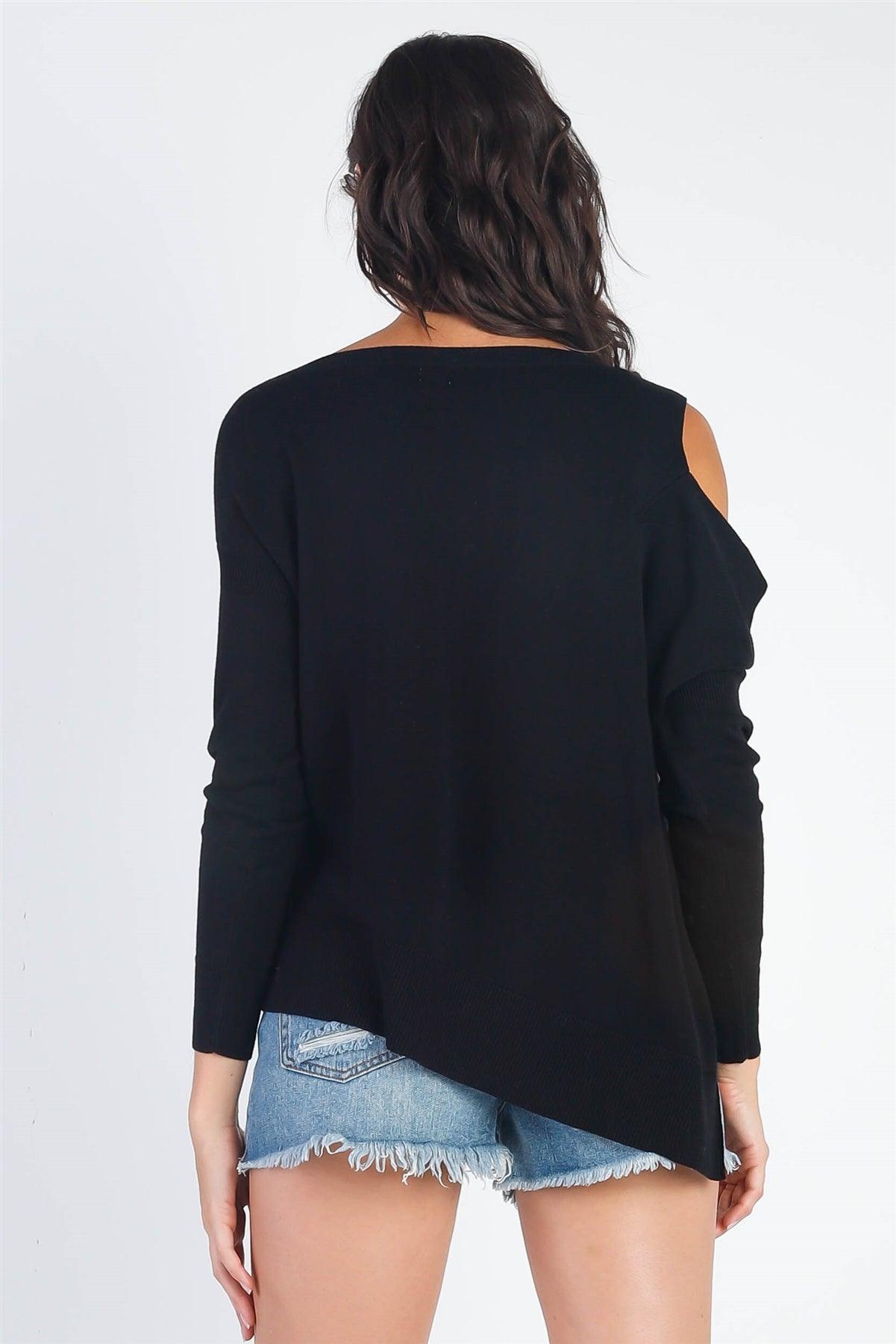 Black Knit Cold Shoulder Long Sleeve Sweaters /3-2-1