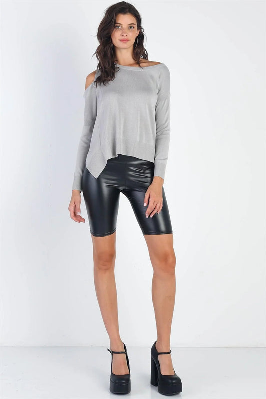 Light Grey Knit Cold Shoulder Long Sleeve Top /3-1-1 - Tasha Apparel Wholesale