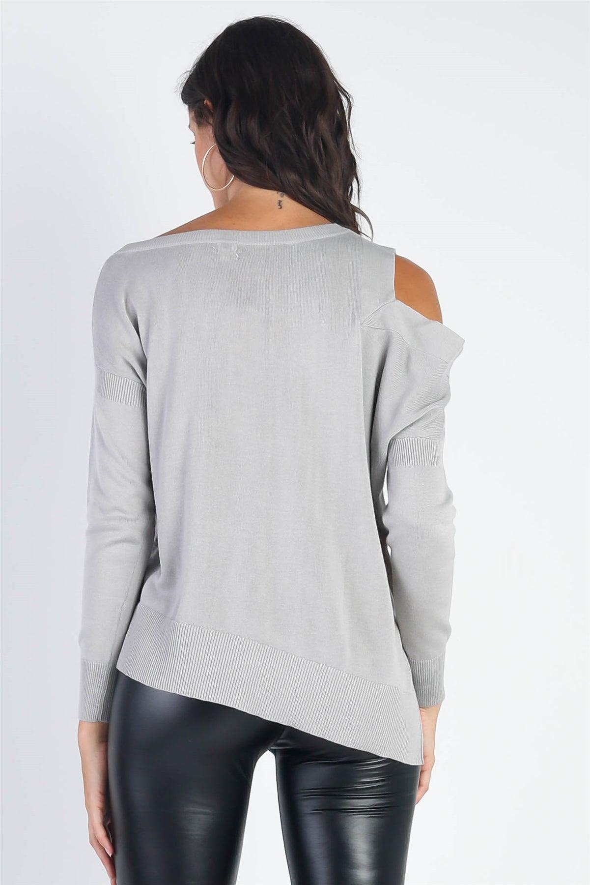 Light Grey Knit Cold Shoulder Long Sleeve Sweaters /3-1-1