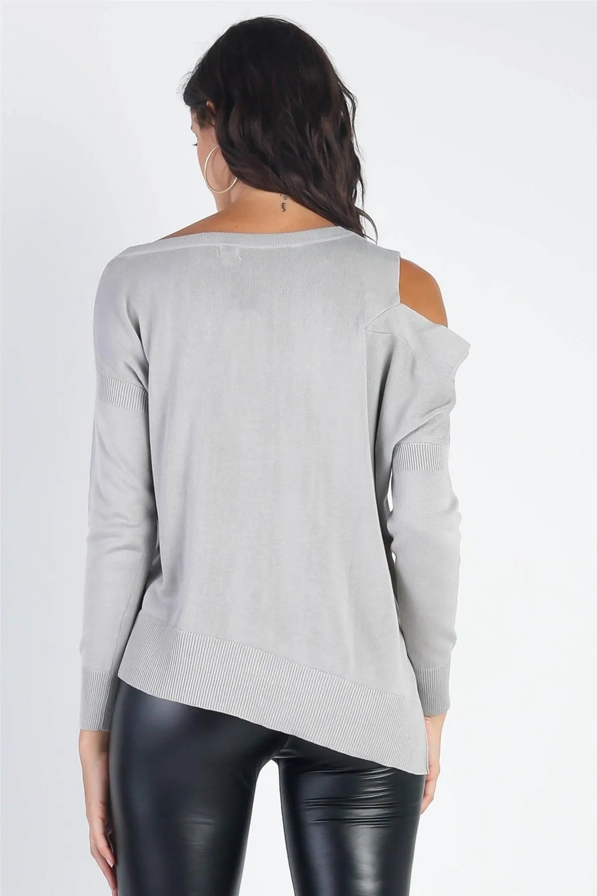 Light Grey Knit Cold Shoulder Long Sleeve Top /3-1-1 - Tasha Apparel Wholesale