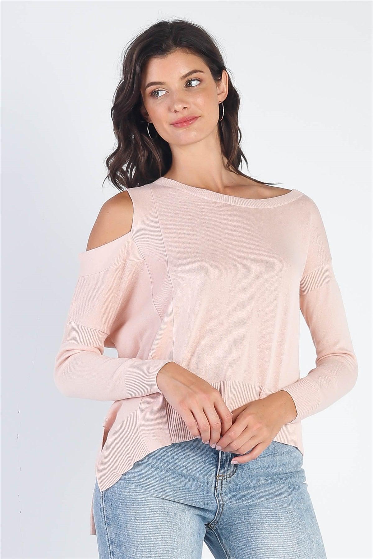 Light Pink Knit Cold Shoulder Long Sleeve Sweaters /3-2-1