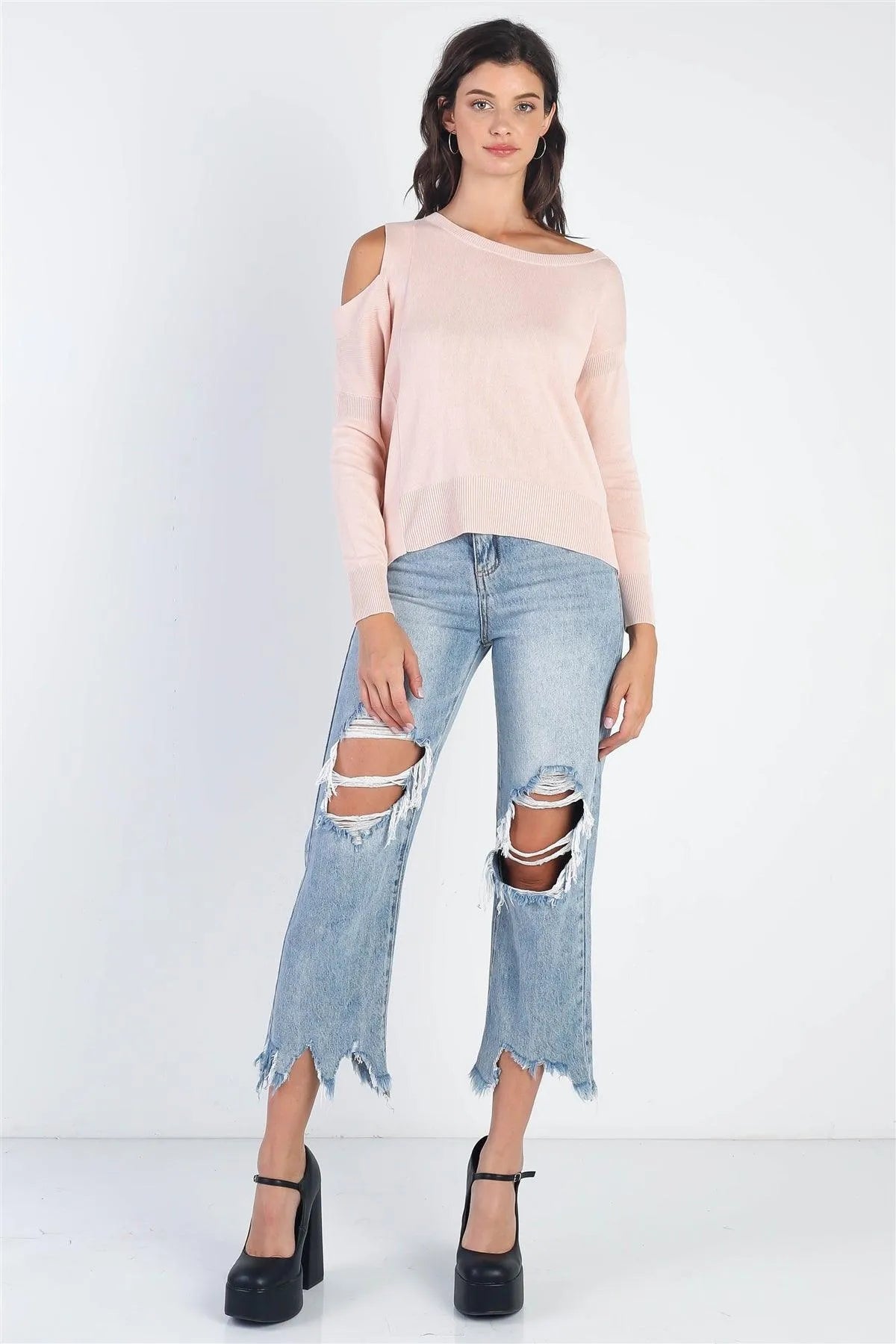 Light Pink Knit Cold Shoulder Long Sleeve Top /3-2-1 - Tasha Apparel Wholesale