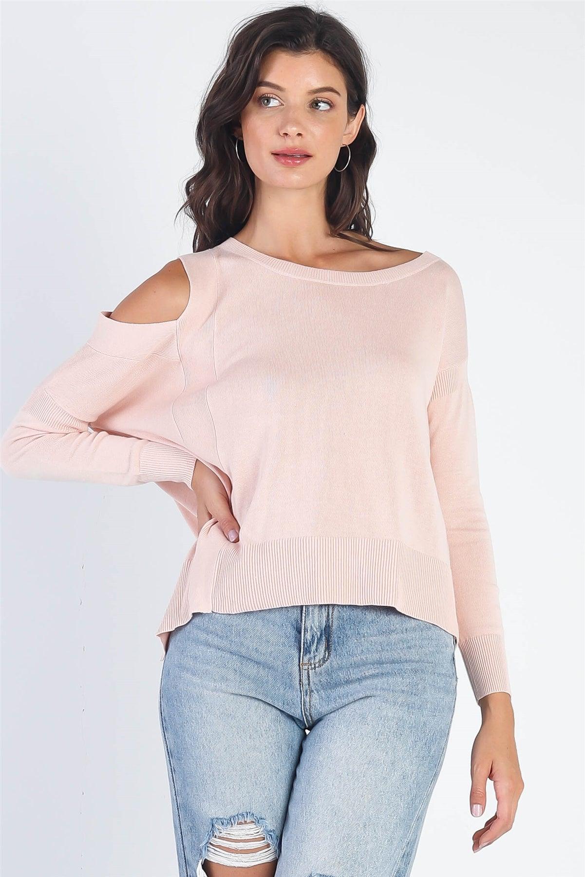 Light Pink Knit Cold Shoulder Long Sleeve Sweaters /4-2-1