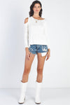 White Knit Cold Shoulder Long Sleeve Sweaters /3-2-1