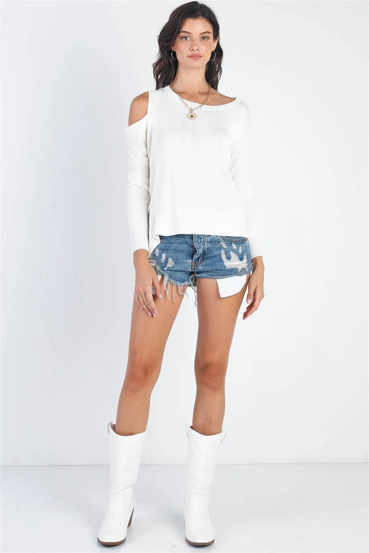 White Cold Shoulder Long Sleeve Knit Top /3-2-1 - Tasha Apparel Wholesale