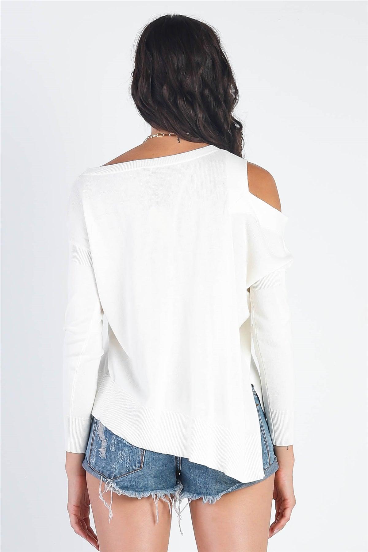 White Knit Cold Shoulder Long Sleeve Sweaters /3-2-1