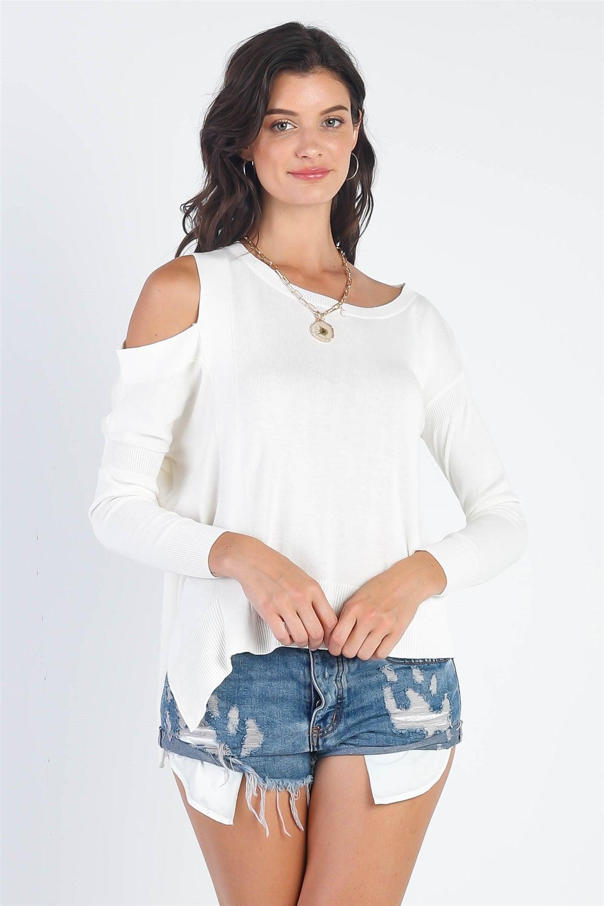 White Knit Cold Shoulder Long Sleeve Sweaters /4-2-1