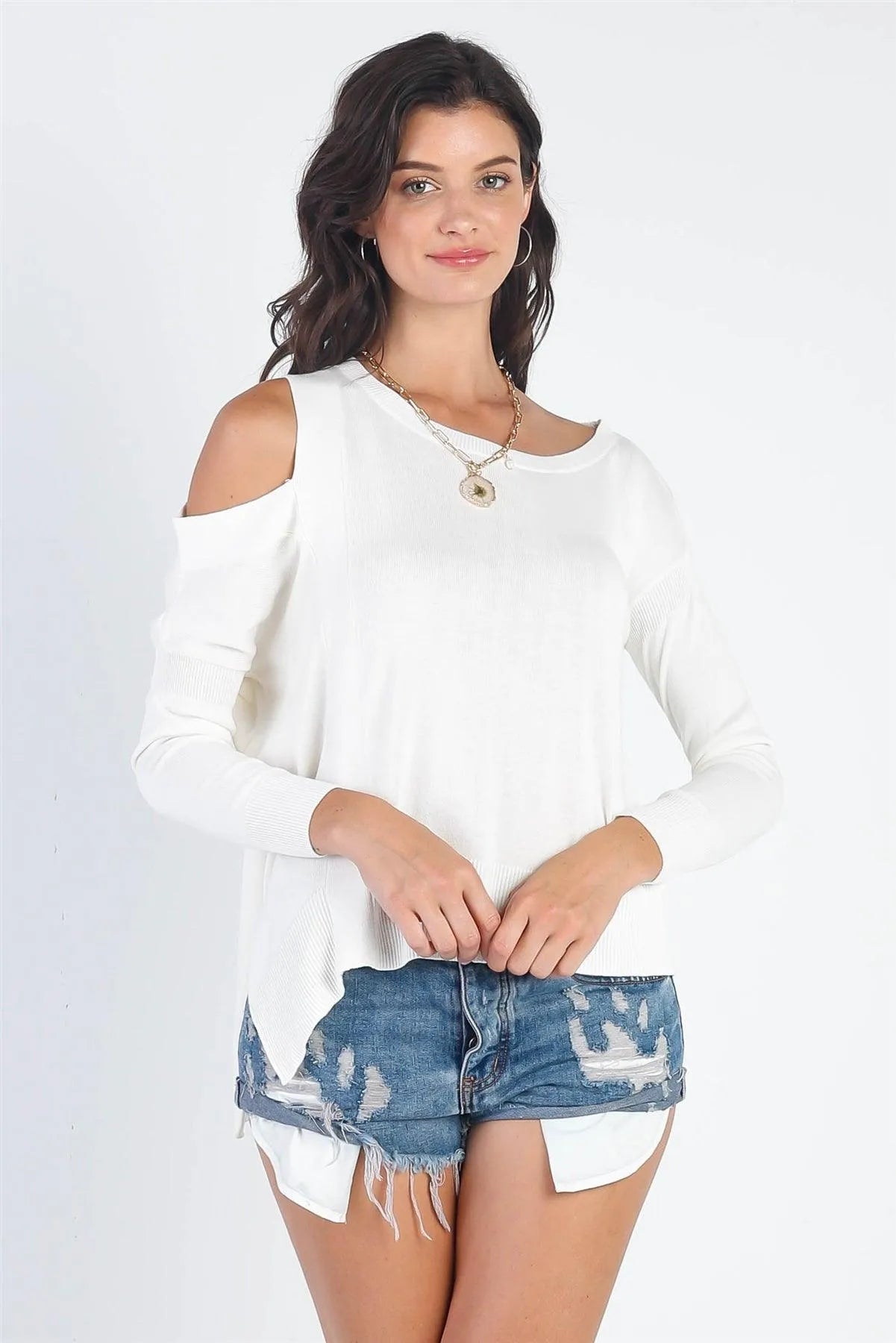 White Knit Cold Shoulder Long Sleeve Top /4-2-1 - Tasha Apparel Wholesale