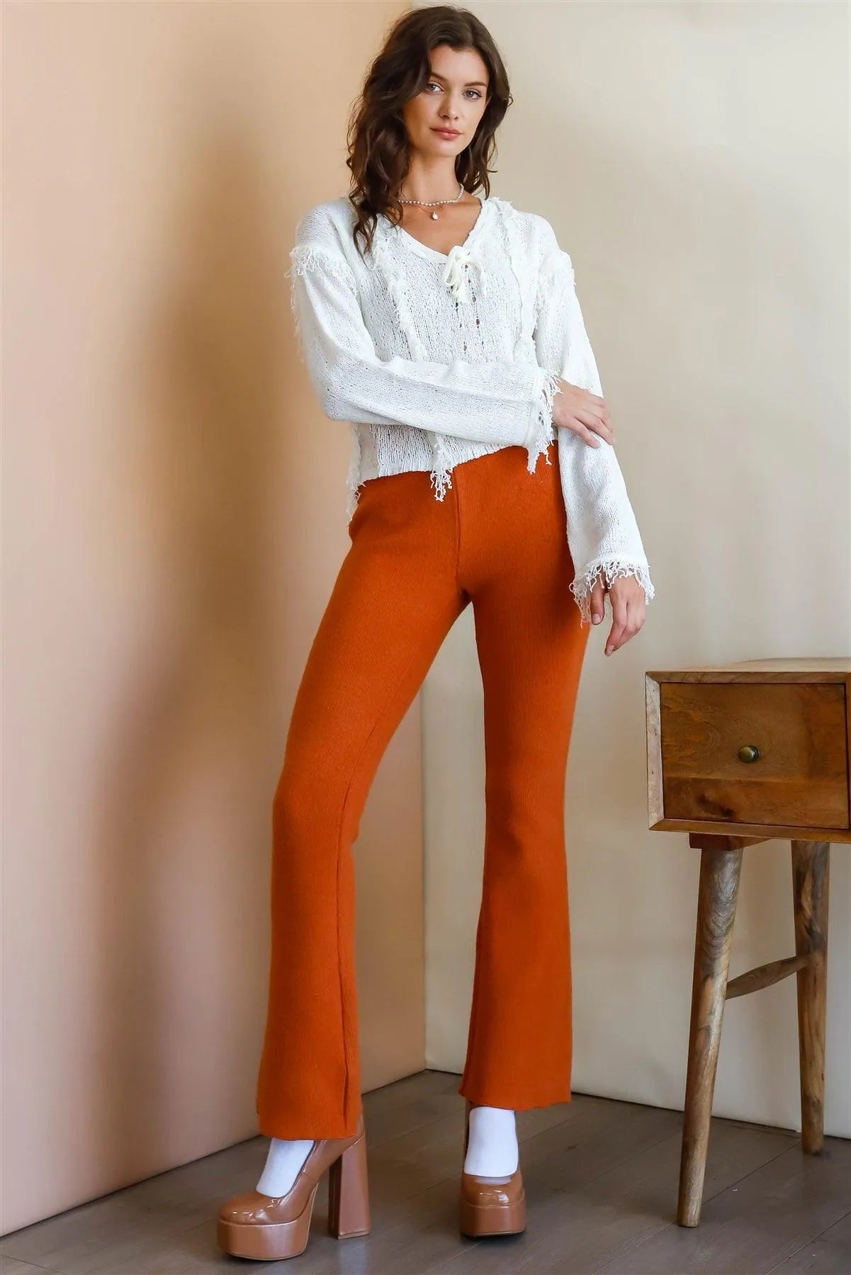 Off-White Knit Trim Detail Self-Tie V-Neck Sweater /2-1 - Tasha Apparel Wholesale