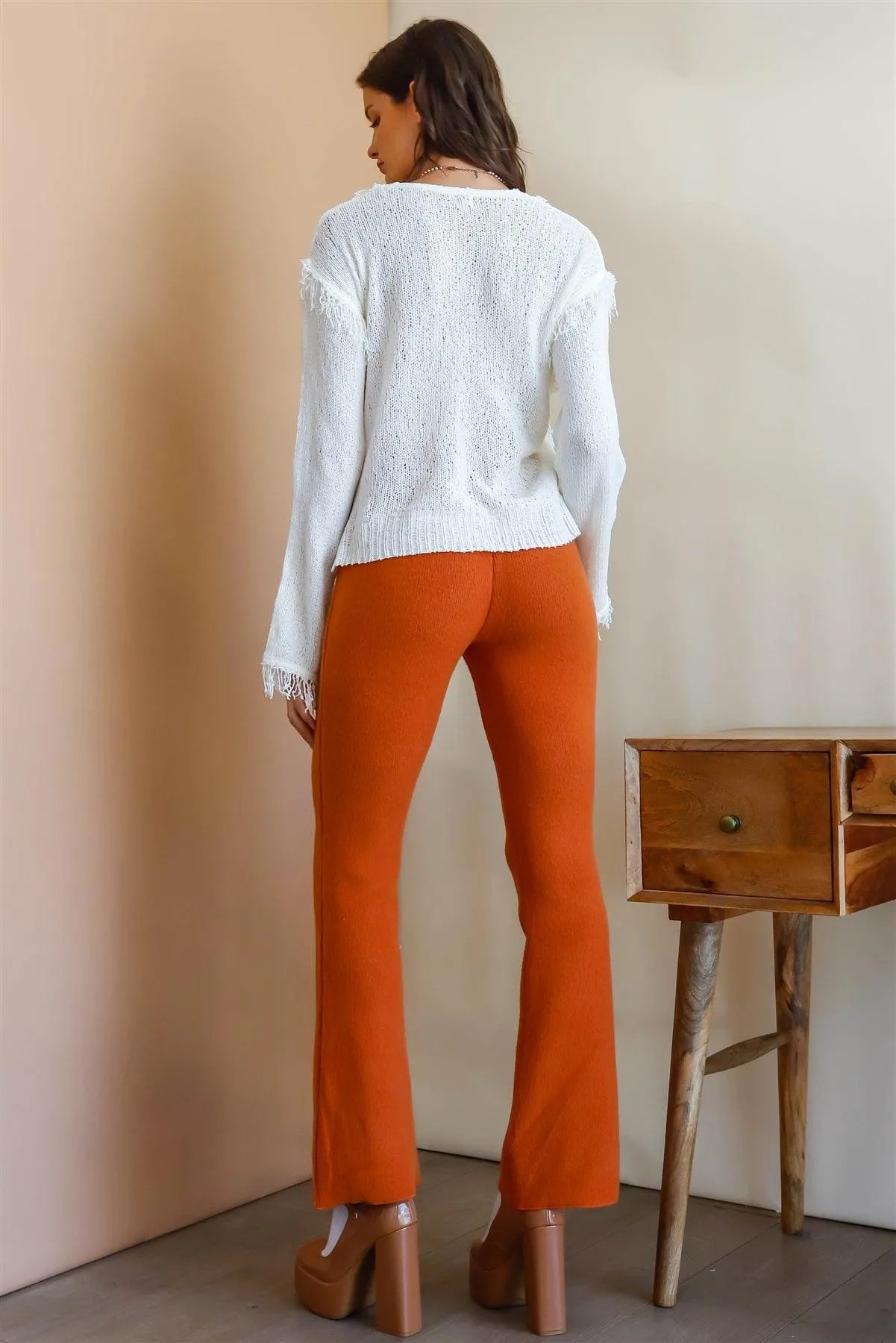 Off-White Knit Trim Detail Self-Tie V-Neck Sweater /2-1 - Tasha Apparel Wholesale