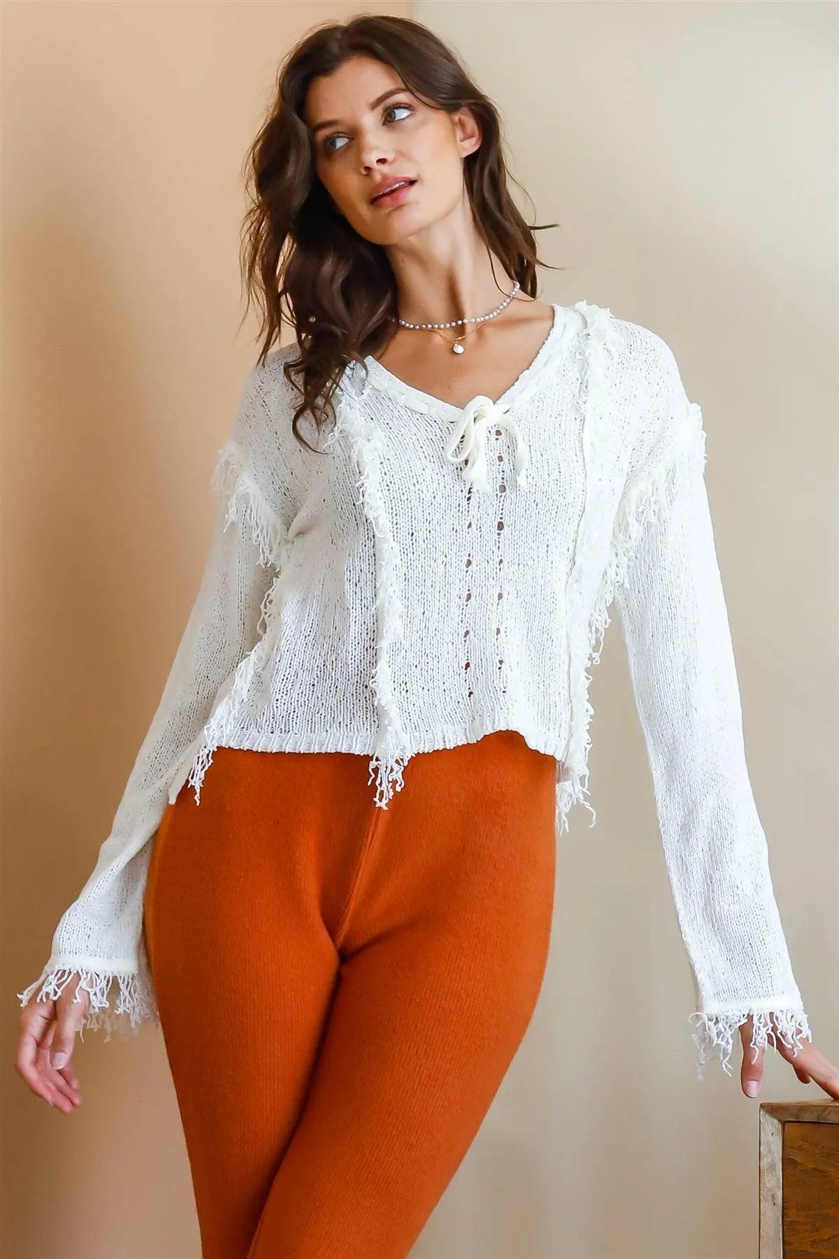 Off-White Knit Trim Detail Self-Tie V-Neck Sweater /2-1 - Tasha Apparel Wholesale