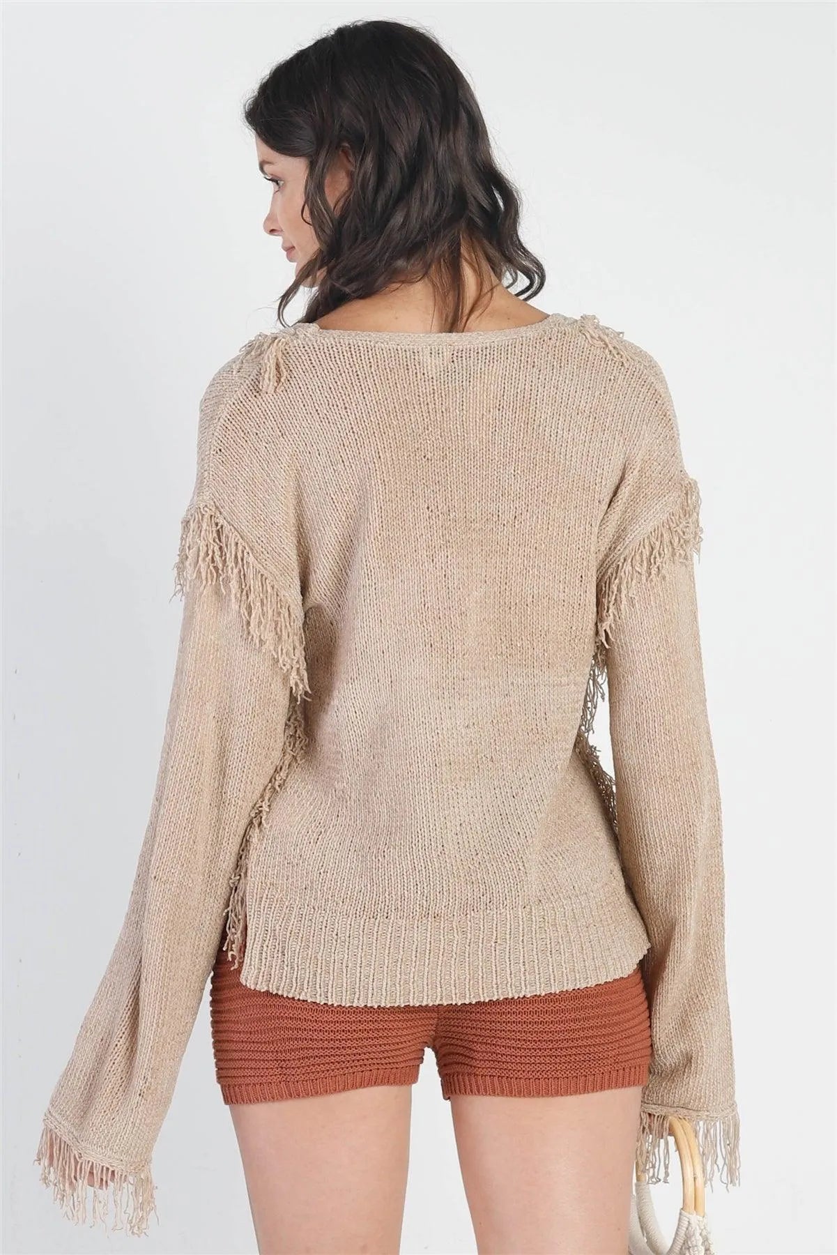 Sand Trim Detail Self-Tie V-Neck Knit Top - Tasha Apparel Wholesale