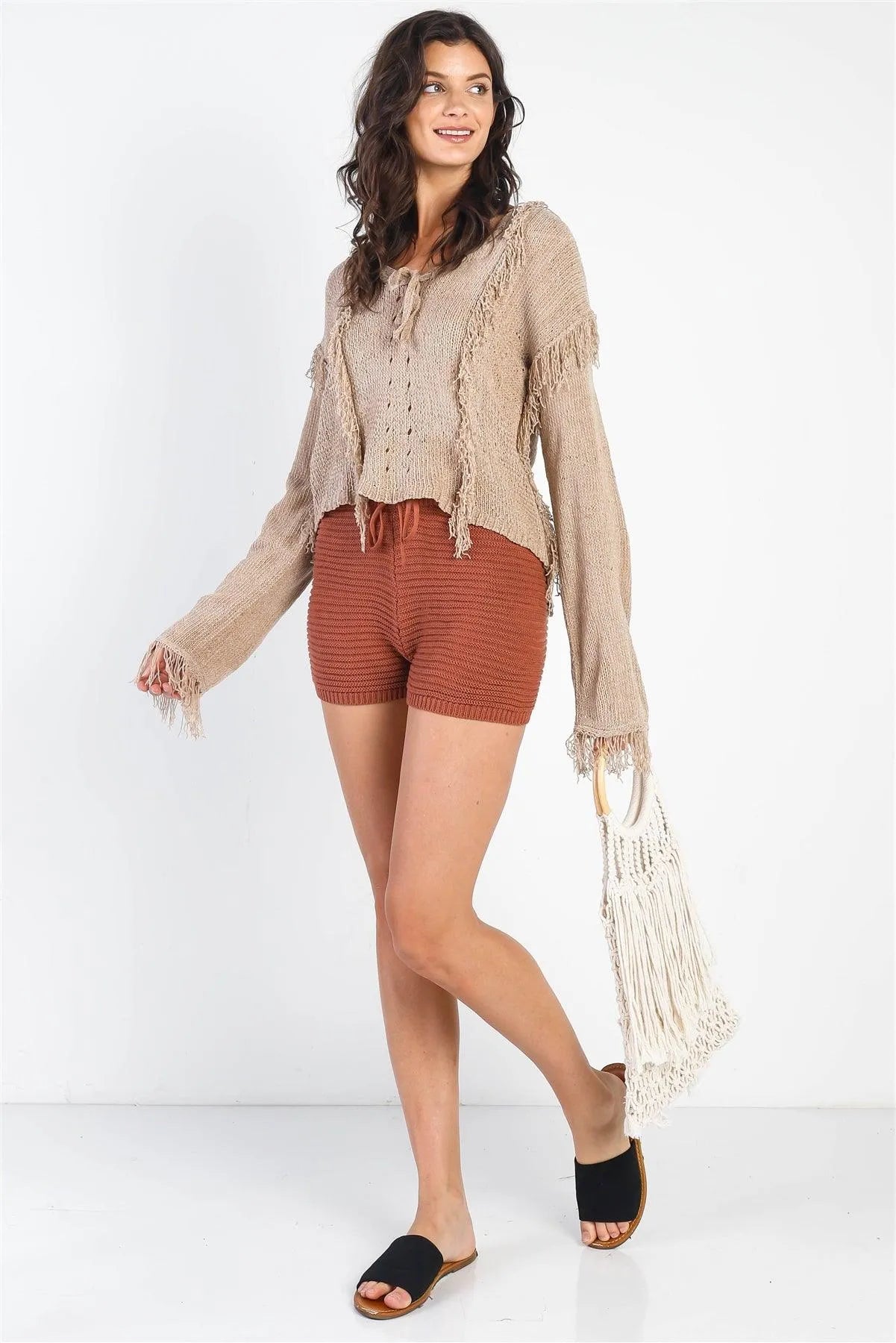 Sand Knit Trim Detail Self-Tie V-Neck Sweater /5-1 - Tasha Apparel Wholesale