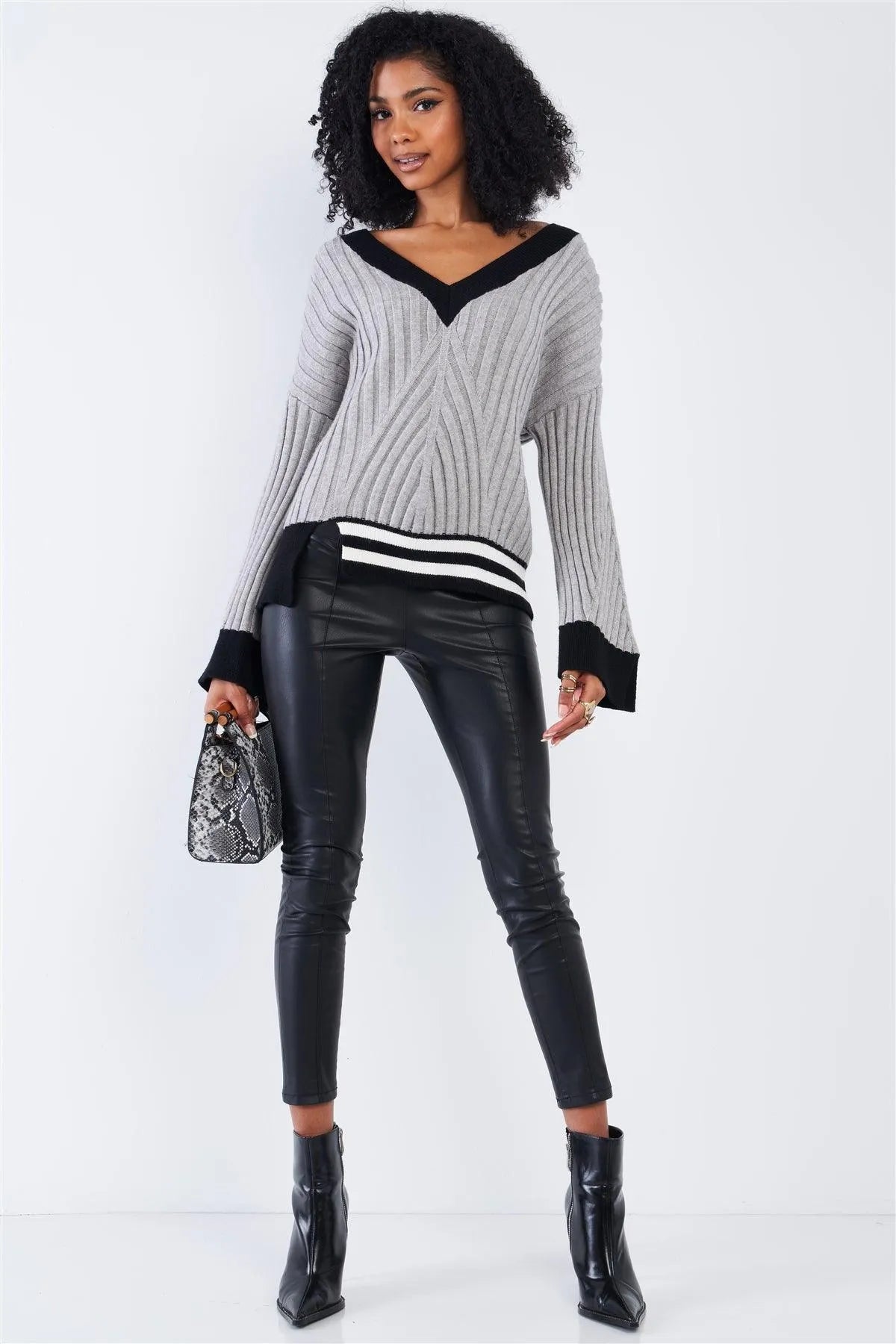 Concrete Grey Thick Plush Knit Black Block Stripped Sweater /4-2 - Tasha Apparel Wholesale