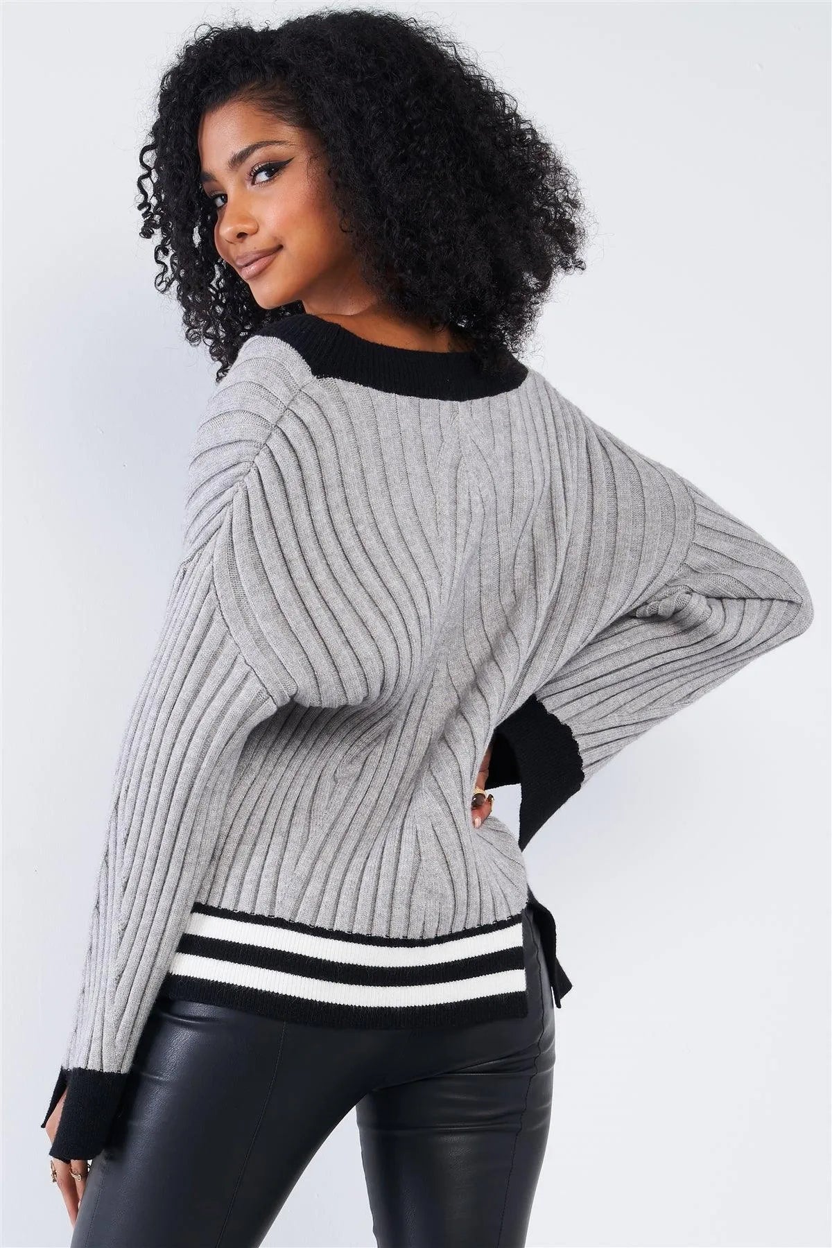 Concrete Grey Thick Plush Knit Black Block Stripped Sweater - Tasha Apparel Wholesale