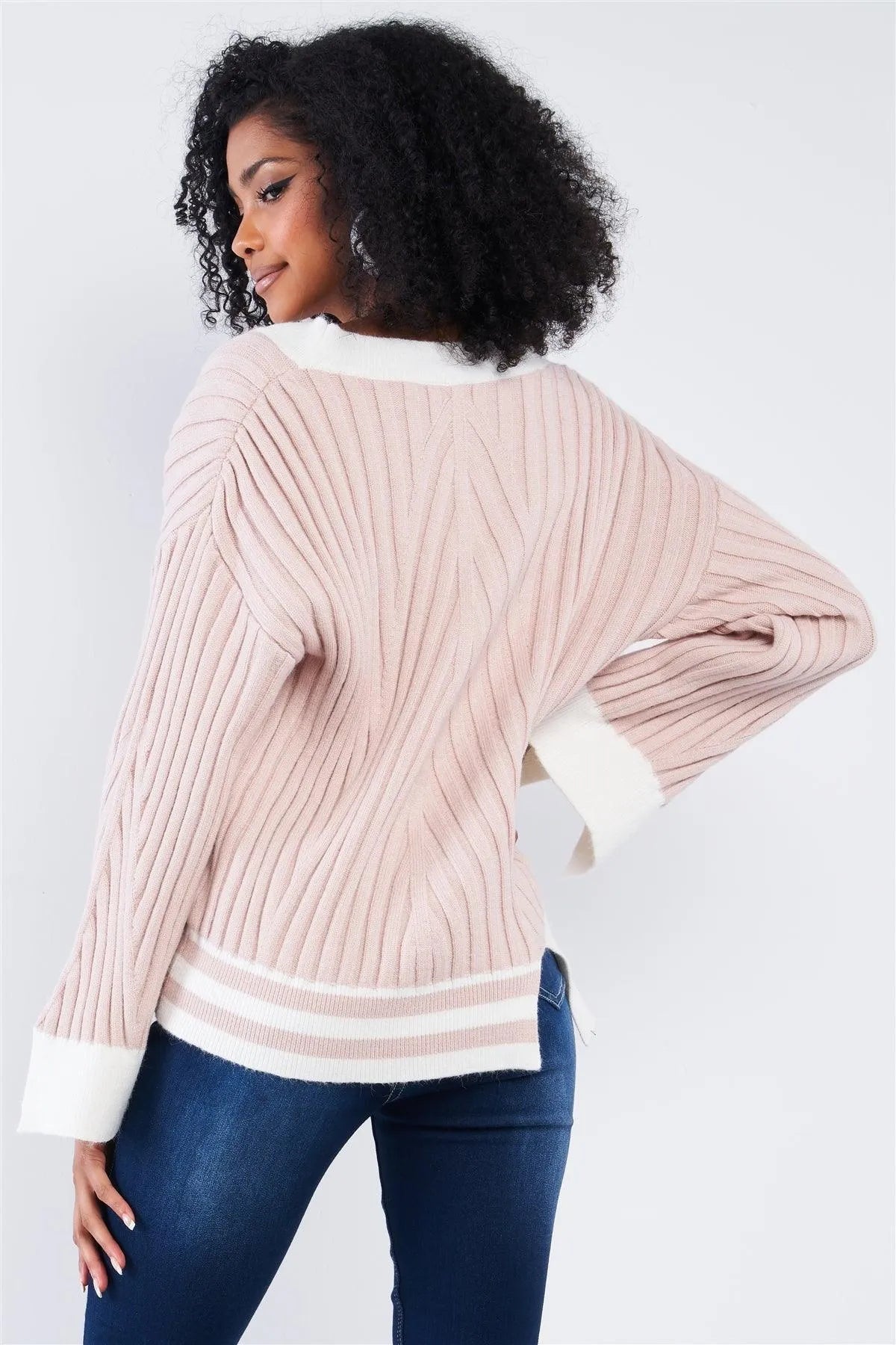 Strawberry Cream Thick Plush Cream Block Stripped Sweater /4-2 - Tasha Apparel Wholesale