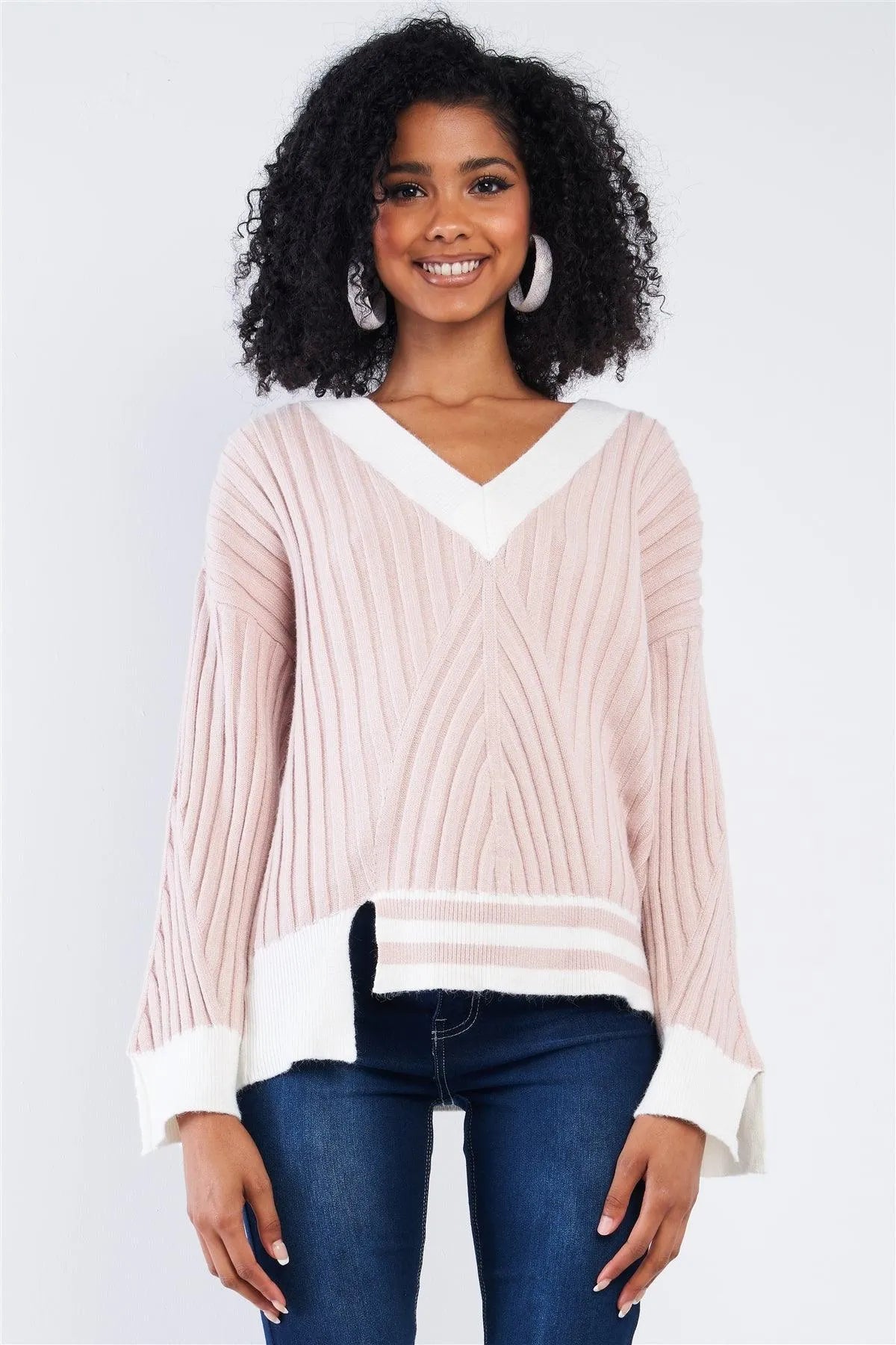 Strawberry Cream Thick Plush Cream Block Stripped Sweater - Tasha Apparel Wholesale
