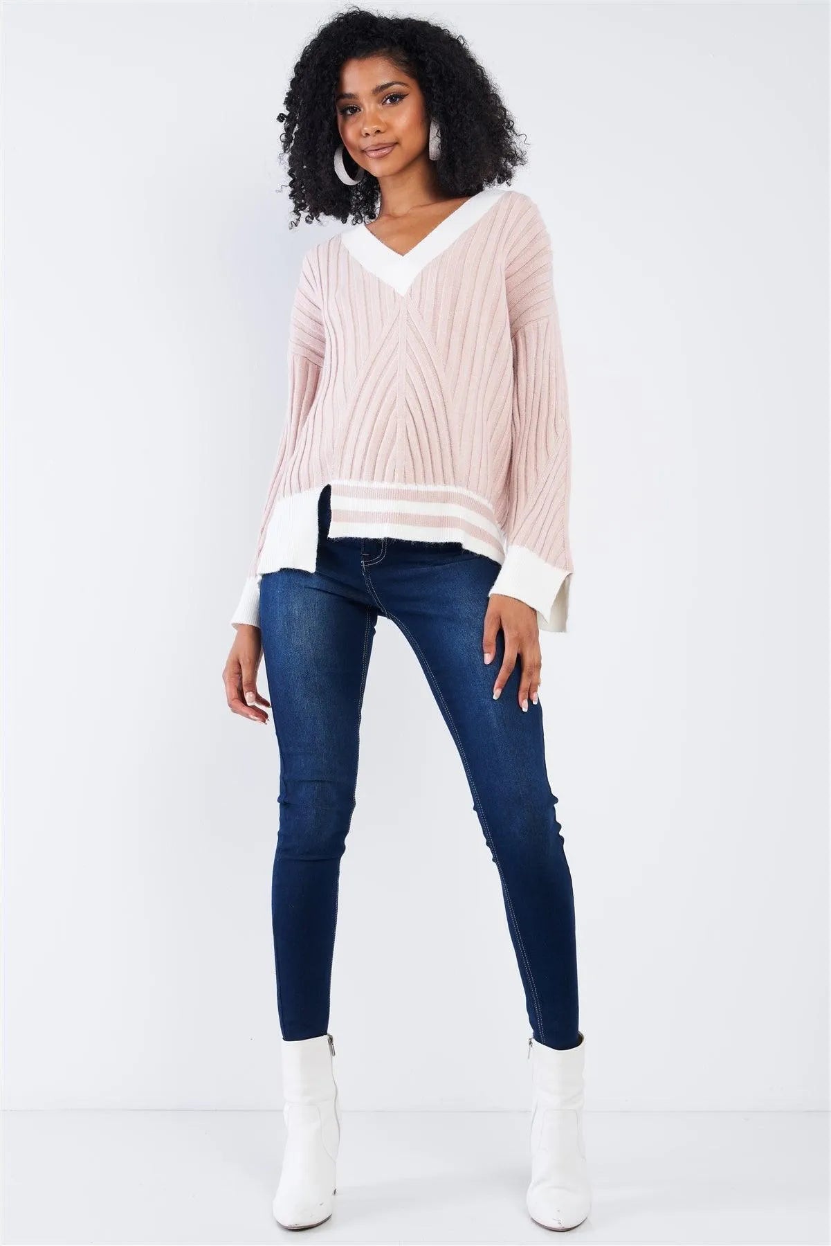 Strawberry Cream Thick Plush Cream Block Stripped Sweater - Tasha Apparel Wholesale