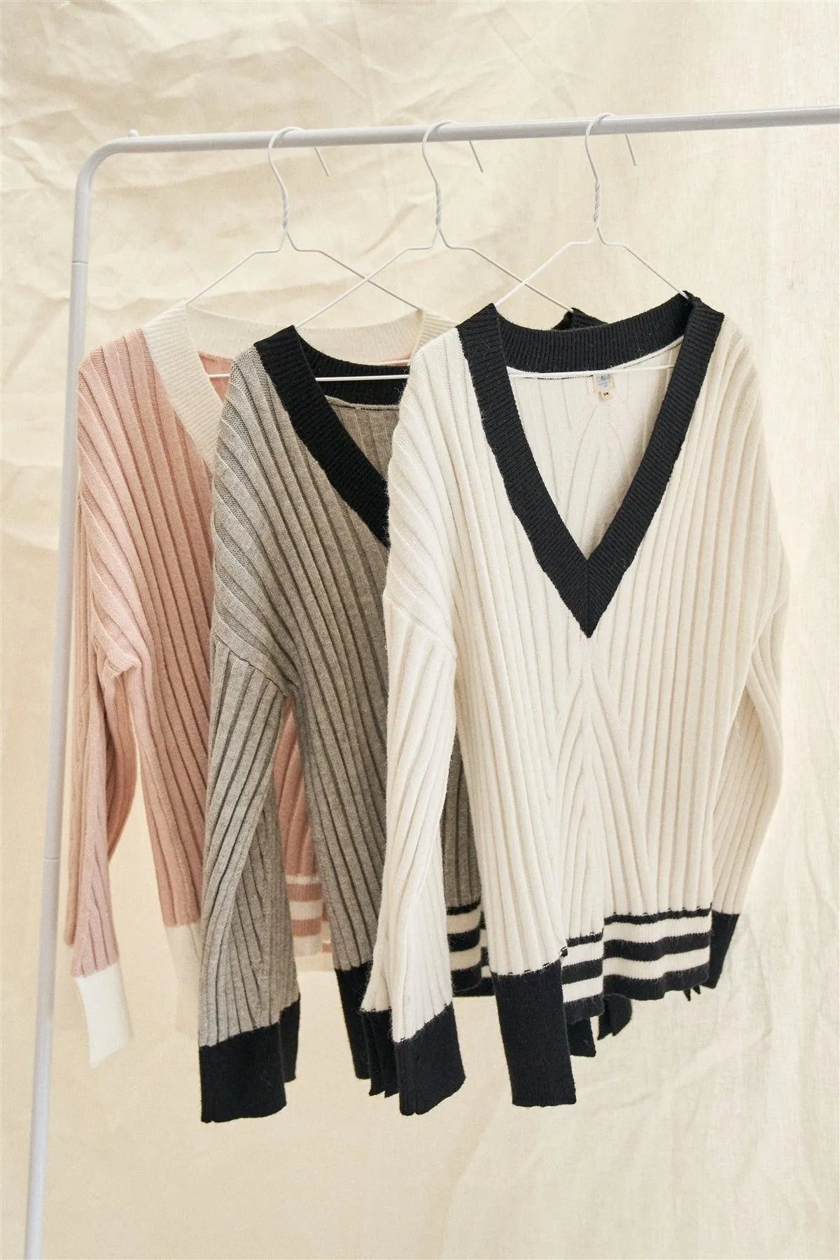 Strawberry Cream Thick Plush Cream Block Stripped Sweater - Tasha Apparel Wholesale