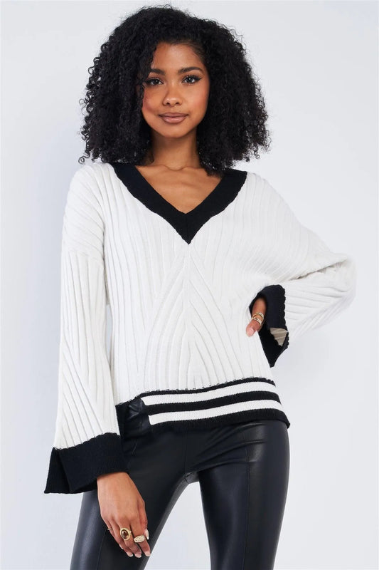 Snow White Thick Plush Knit Black Block Stripped Sweater - Tasha Apparel Wholesale