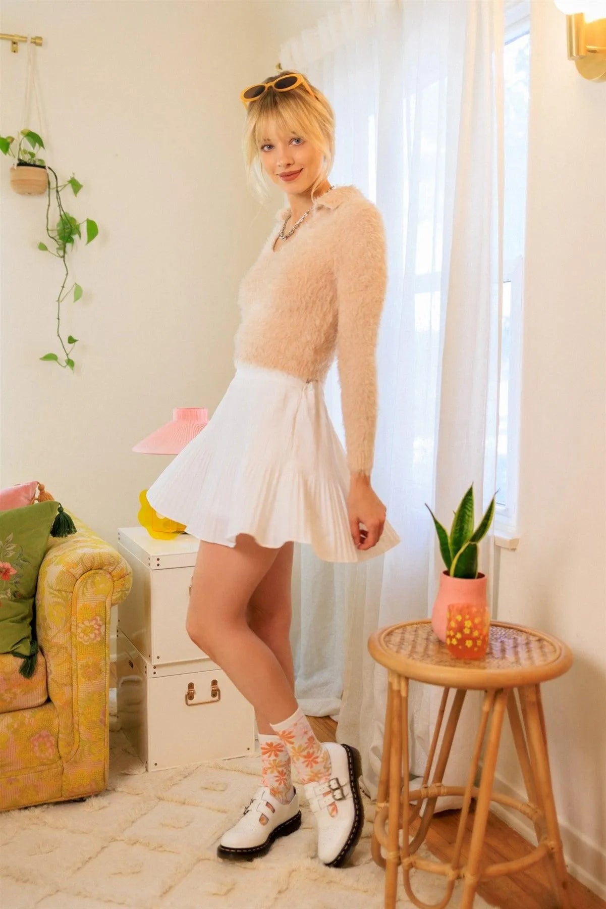 Peach Collared Fuzzy Long Sleeve Sweater /4-2 - Tasha Apparel Wholesale