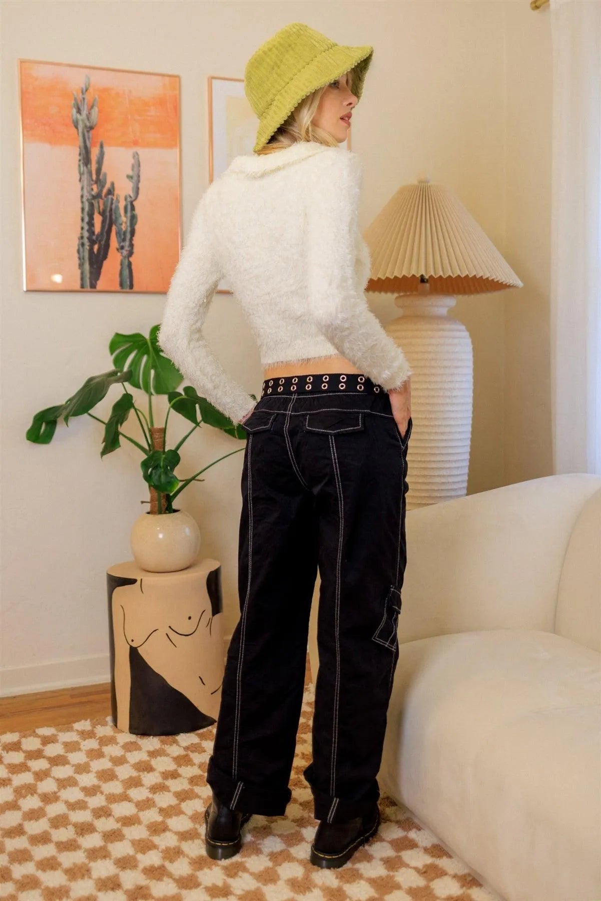 White Collared Fuzzy Long Sleeve Sweater /4-2 - Tasha Apparel Wholesale