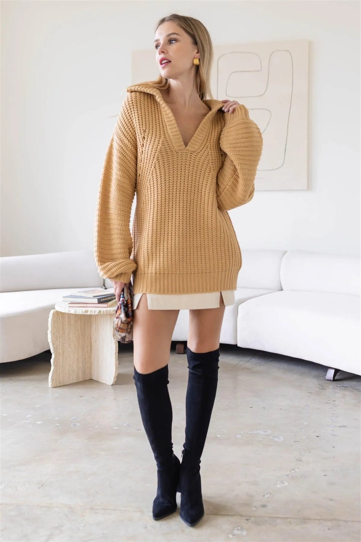 Taupe Knit Collar V-Neck Long Sleeve Sweater /4-2 - Tasha Apparel Wholesale
