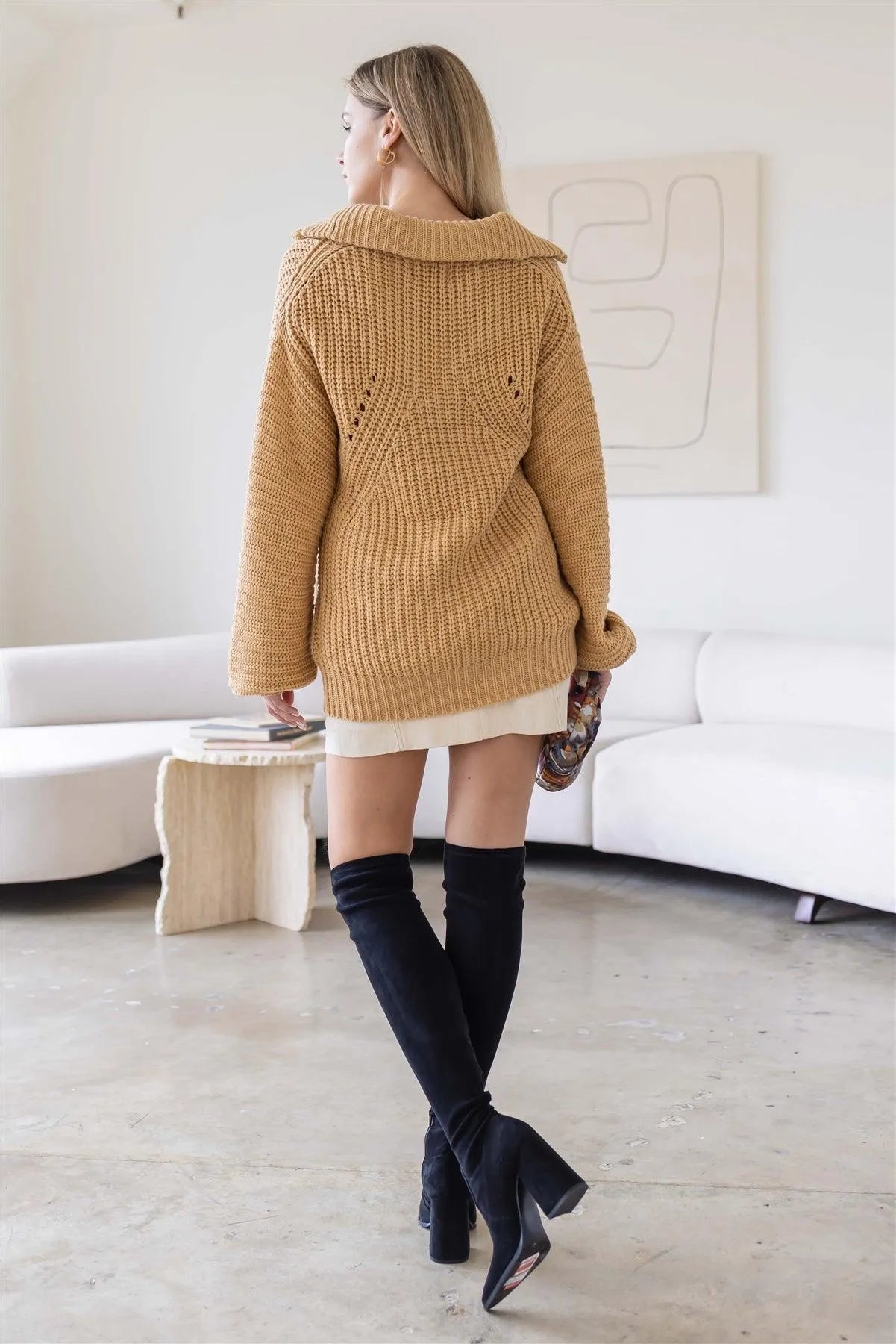 Taupe Knit Collar V-Neck Long Sleeve Sweater /4-2 - Tasha Apparel Wholesale