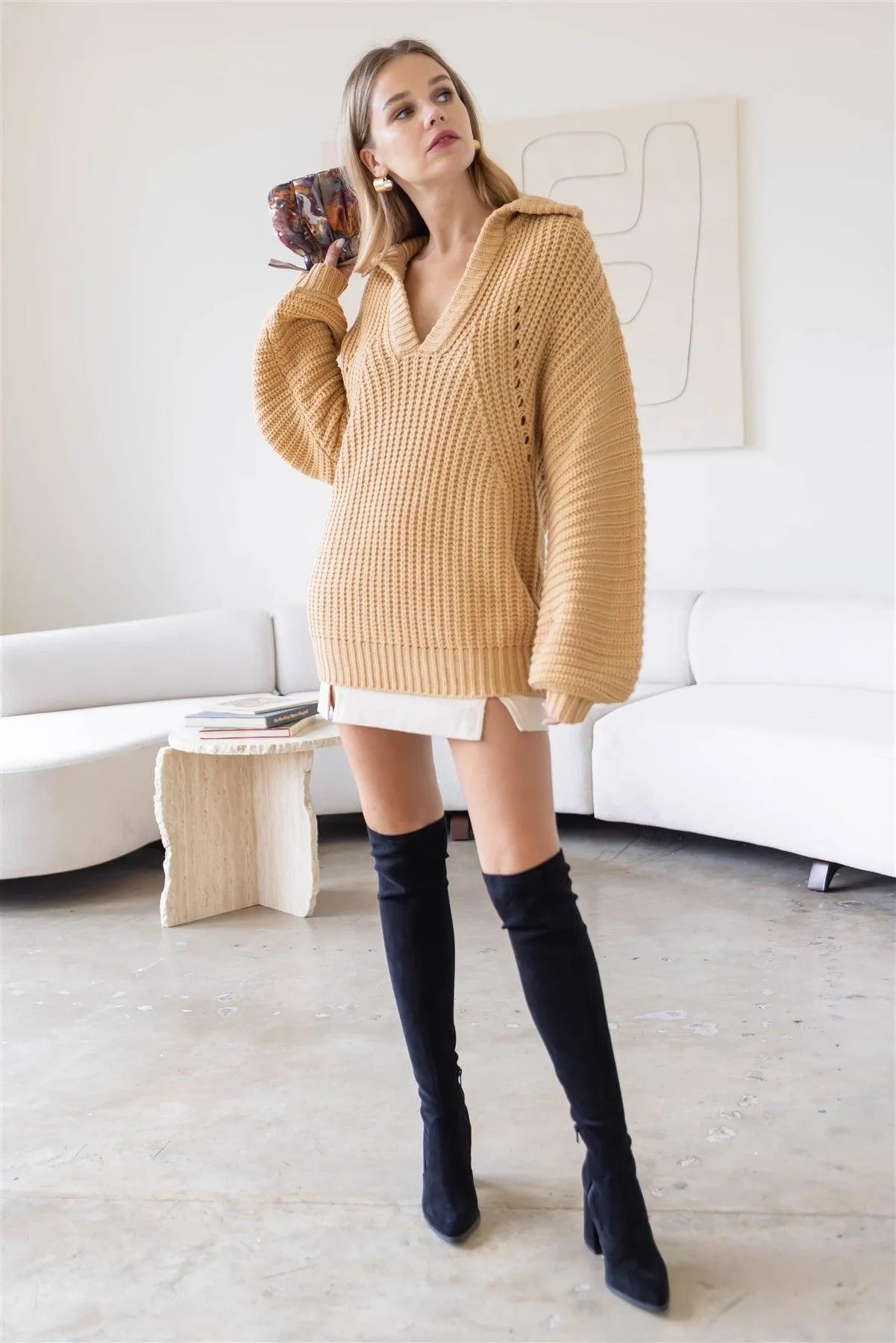 Taupe Knit Collar V-Neck Long Sleeve Sweater /4-2 - Tasha Apparel Wholesale