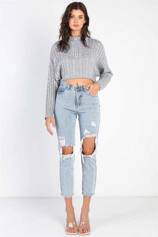 Light Grey Zip-Up Cable Long Sleeve Crop Sweater /2-1 - Tasha Apparel Wholesale