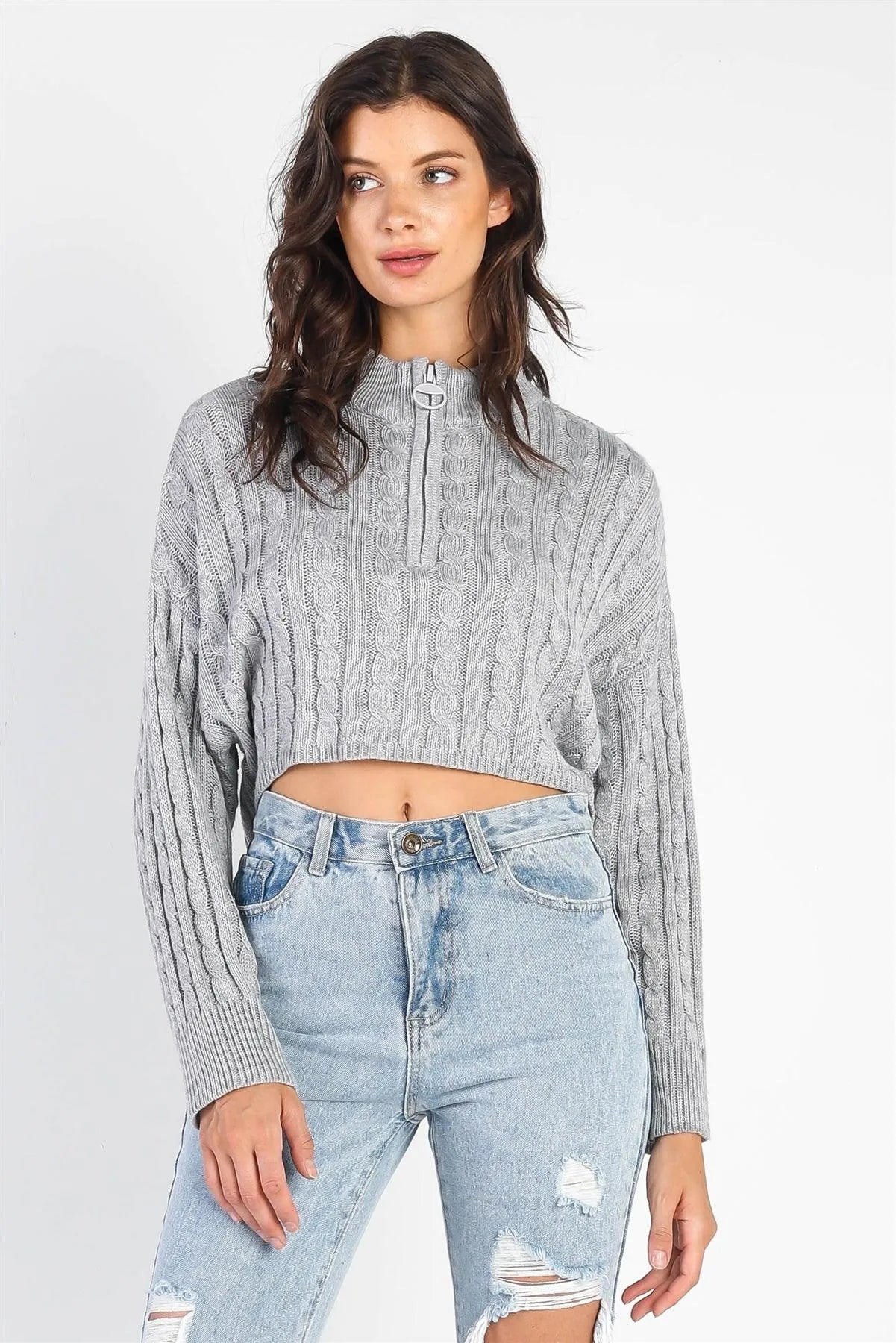 Light Grey Zip-Up Cable Long Sleeve Crop Sweater /2-1 - Tasha Apparel Wholesale