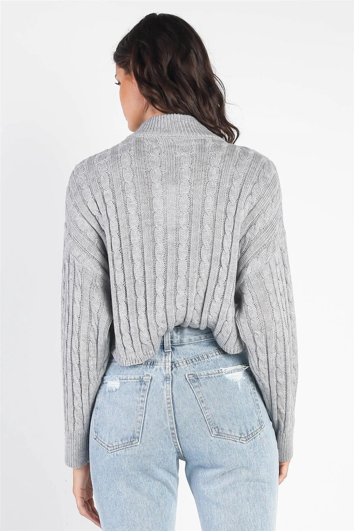 Light Grey Zip-Up Cable Long Sleeve Crop Sweater /4-2 - Tasha Apparel Wholesale