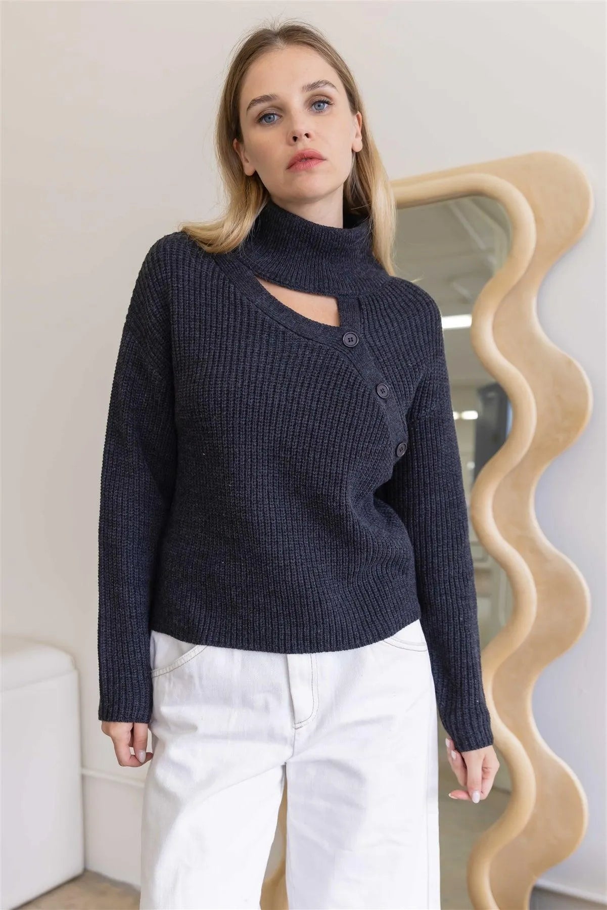Charcoal Button Up Turtle Neck Long Sleeve Sweater /4-2 - Tasha Apparel Wholesale