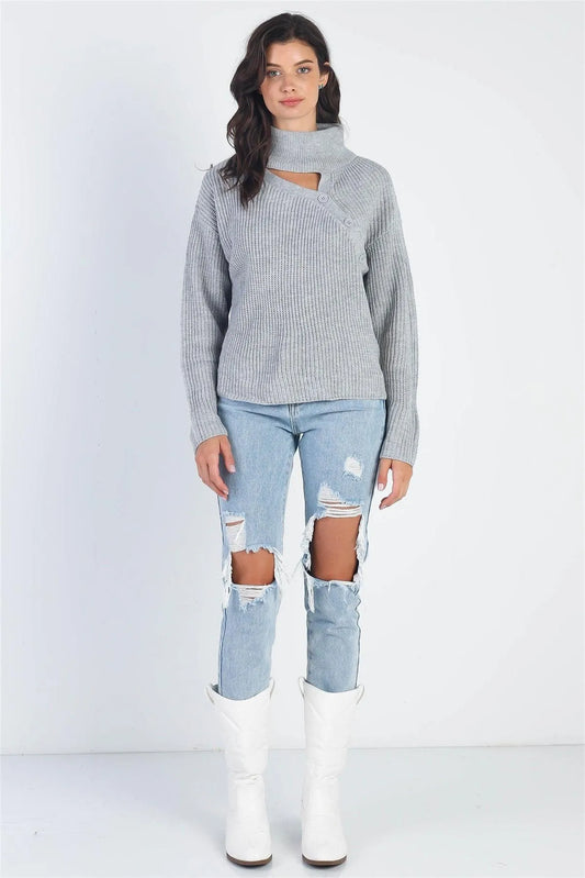 Grey Button Up Turtle Neck Long Sleeve Sweater /4-2 - Tasha Apparel Wholesale