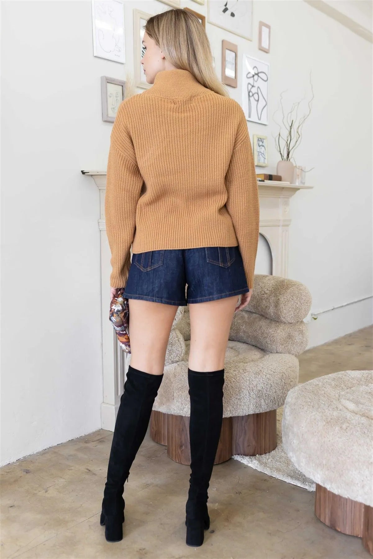 Taupe Button Up Turtle Neck Long Sleeve Sweater /4-2 - Tasha Apparel Wholesale