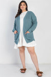 Junior Plus Emerald Blue Knit Open Front Two Pocket Cardigan /2-2-2 - Tasha Apparel Wholesale