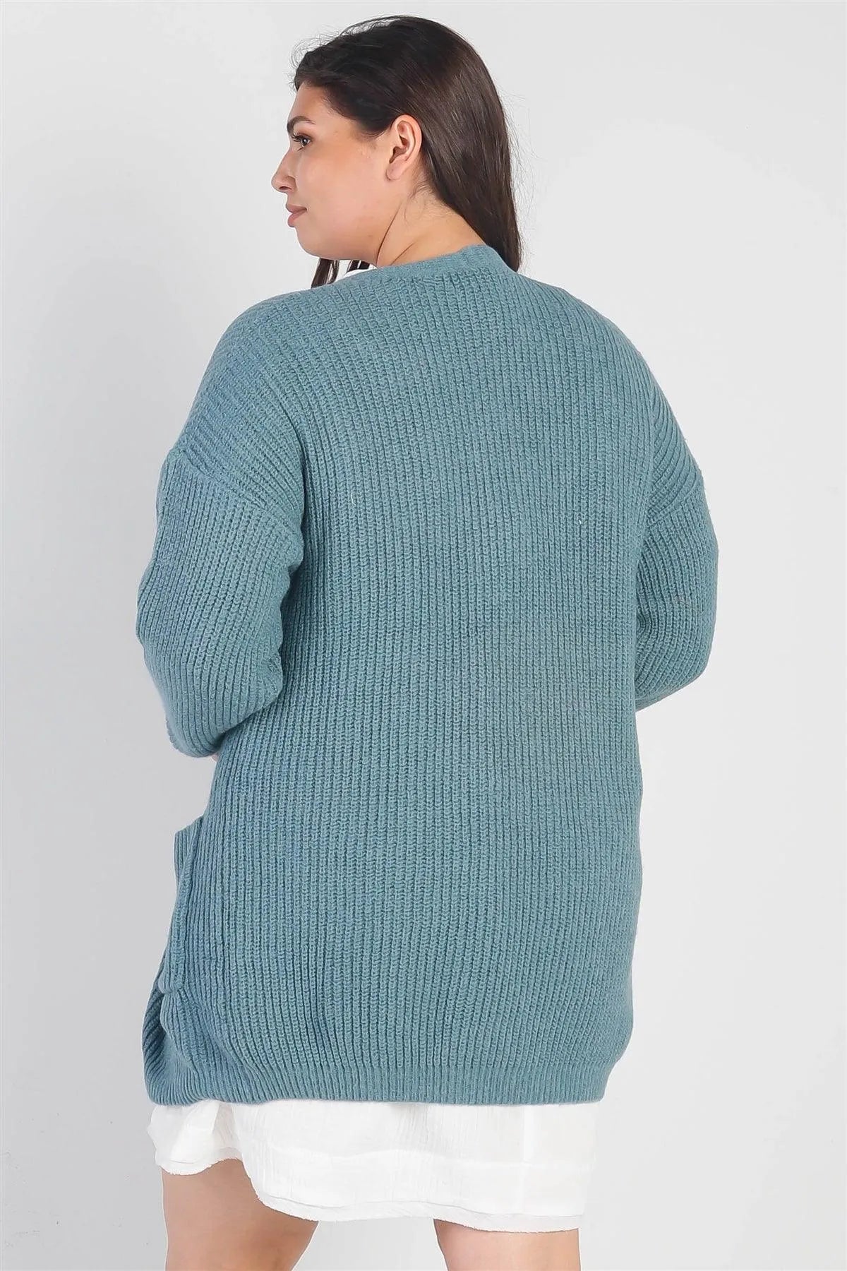 Junior Plus Emerald Blue Knit Open Front Two Pocket Cardigan /2-2-2 - Tasha Apparel Wholesale