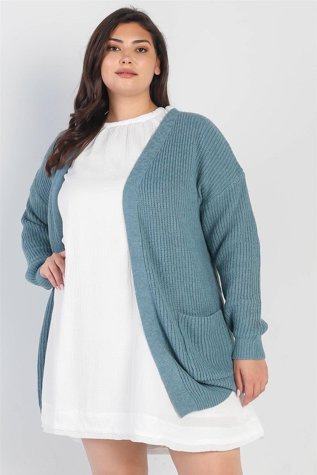 Junior Plus Emerald Blue Knit Open Front Two Pocket Cardigan /2-2-2