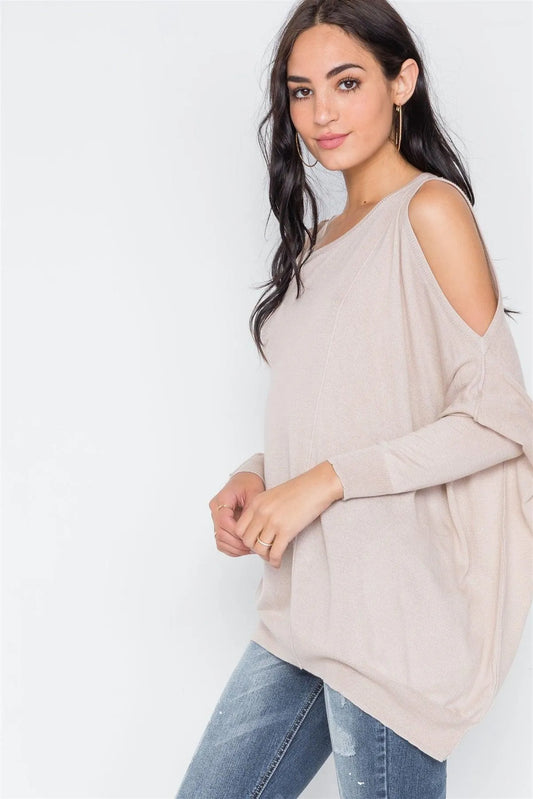 Almond Asymmetrical Hem Seamed Sweater /3-2 - Tasha Apparel Wholesale