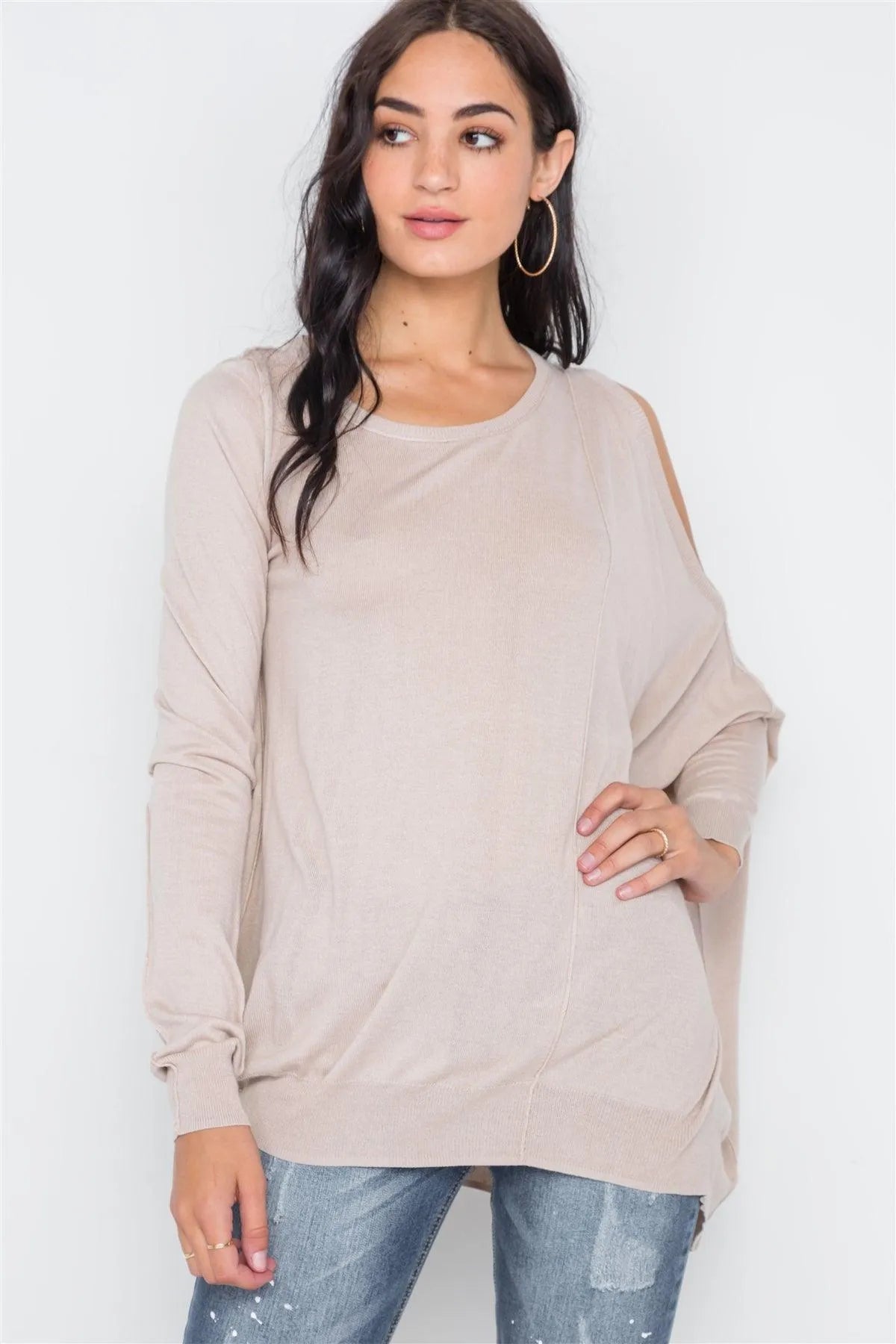 Almond Asymmetrical Hem Seamed Sweater /3-2 - Tasha Apparel Wholesale
