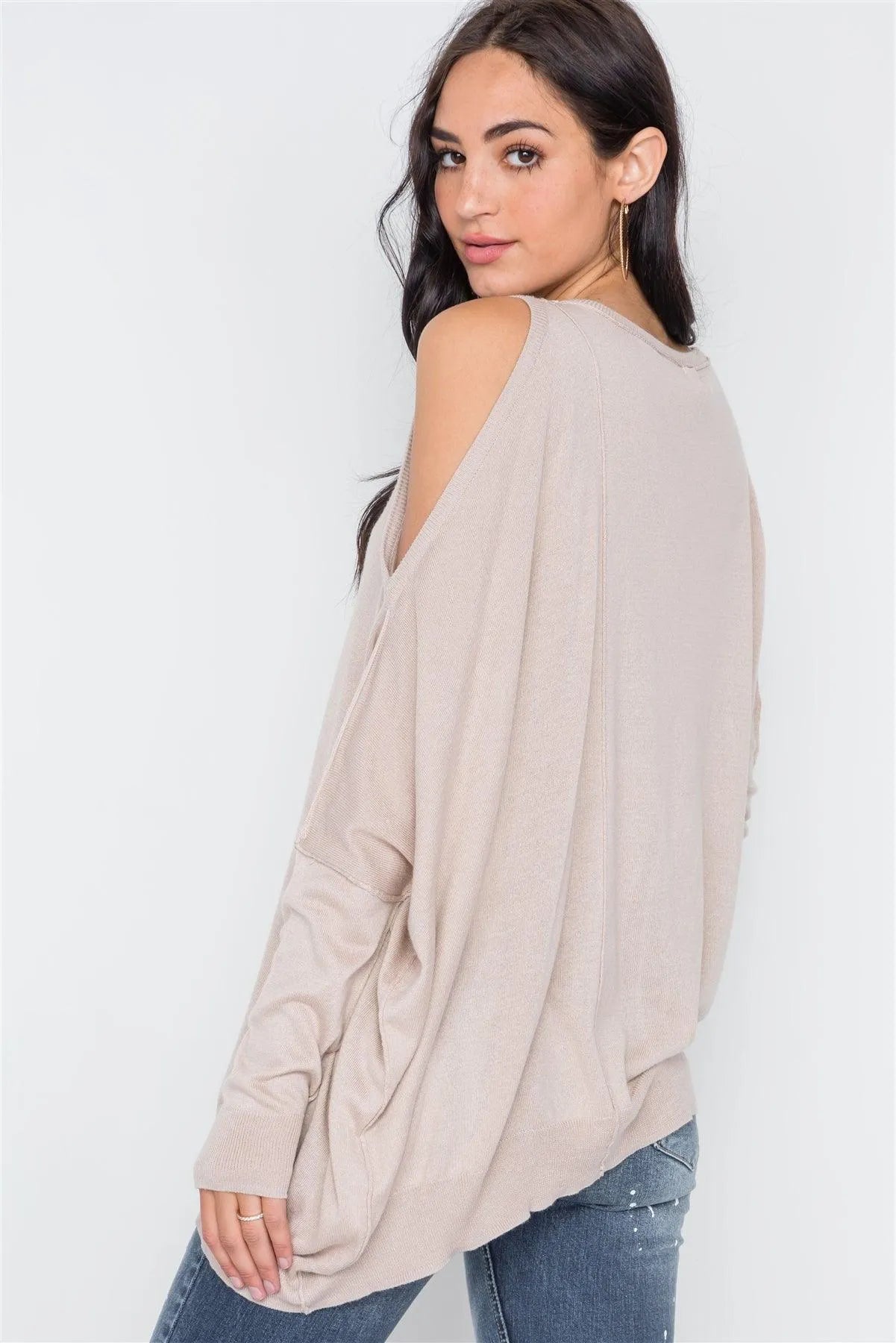 Almond Asymmetrical Hem Seamed Sweater /3-2 - Tasha Apparel Wholesale