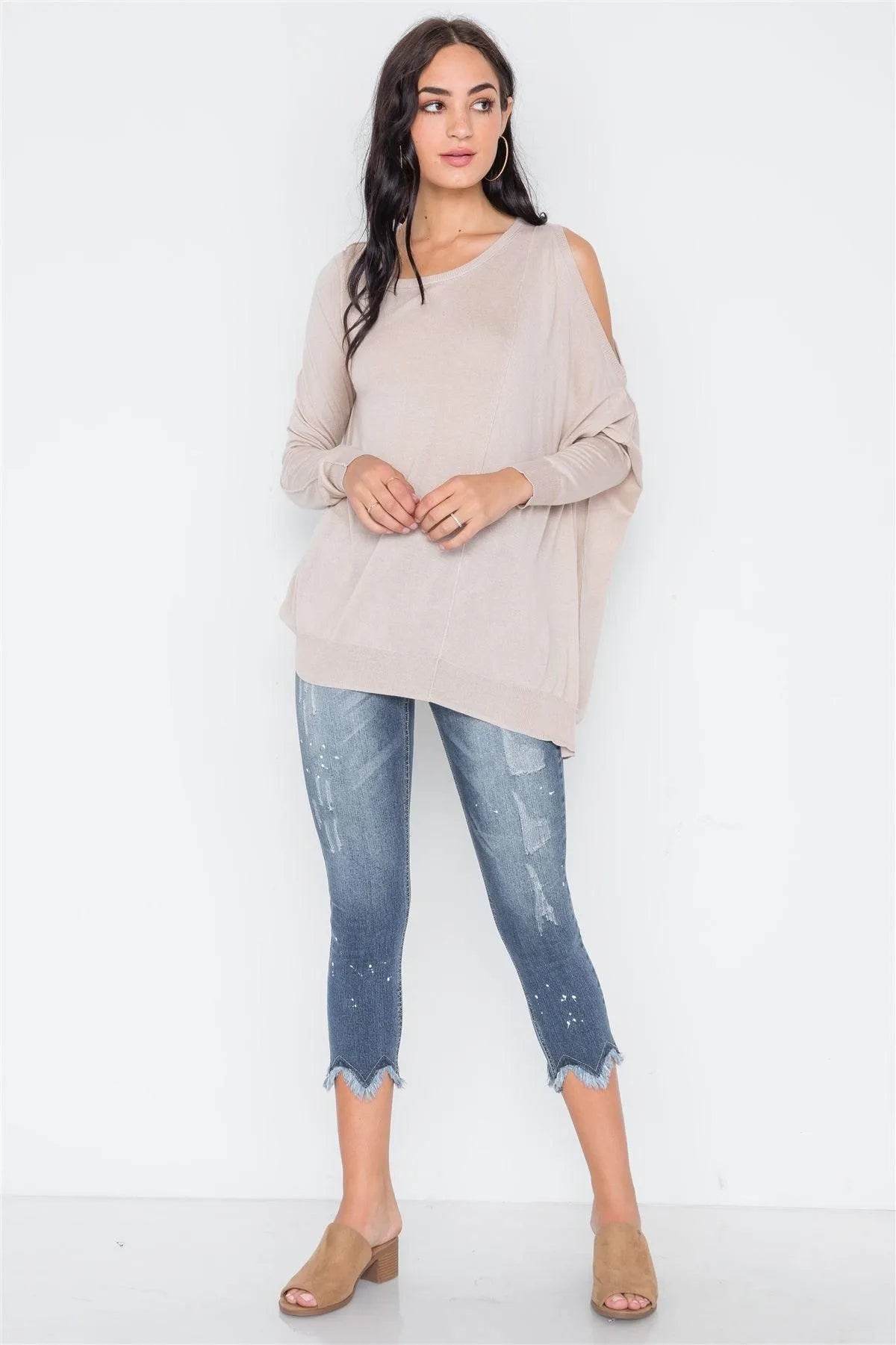 Almond Asymmetrical Hem Seamed Sweater /3-2 - Tasha Apparel Wholesale